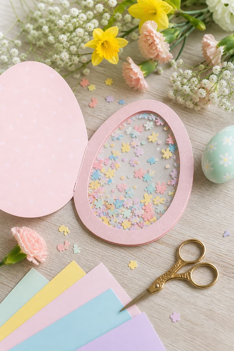 Carte shaker en forme d’œuf avec des confettis pastel, du papier coloré et des ciseaux