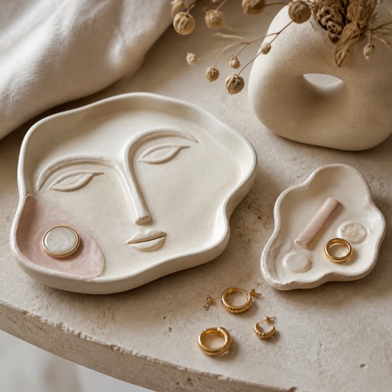 Coupelles sculpturales en céramique et bijoux sur une console en pierre claire