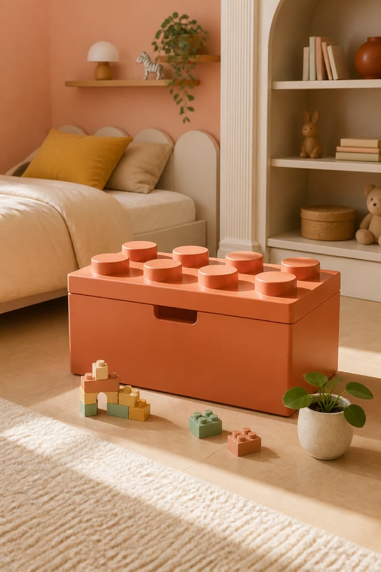 Grande boîte de rangement LEGO orange dans une chambre d’enfant aux tons doux.