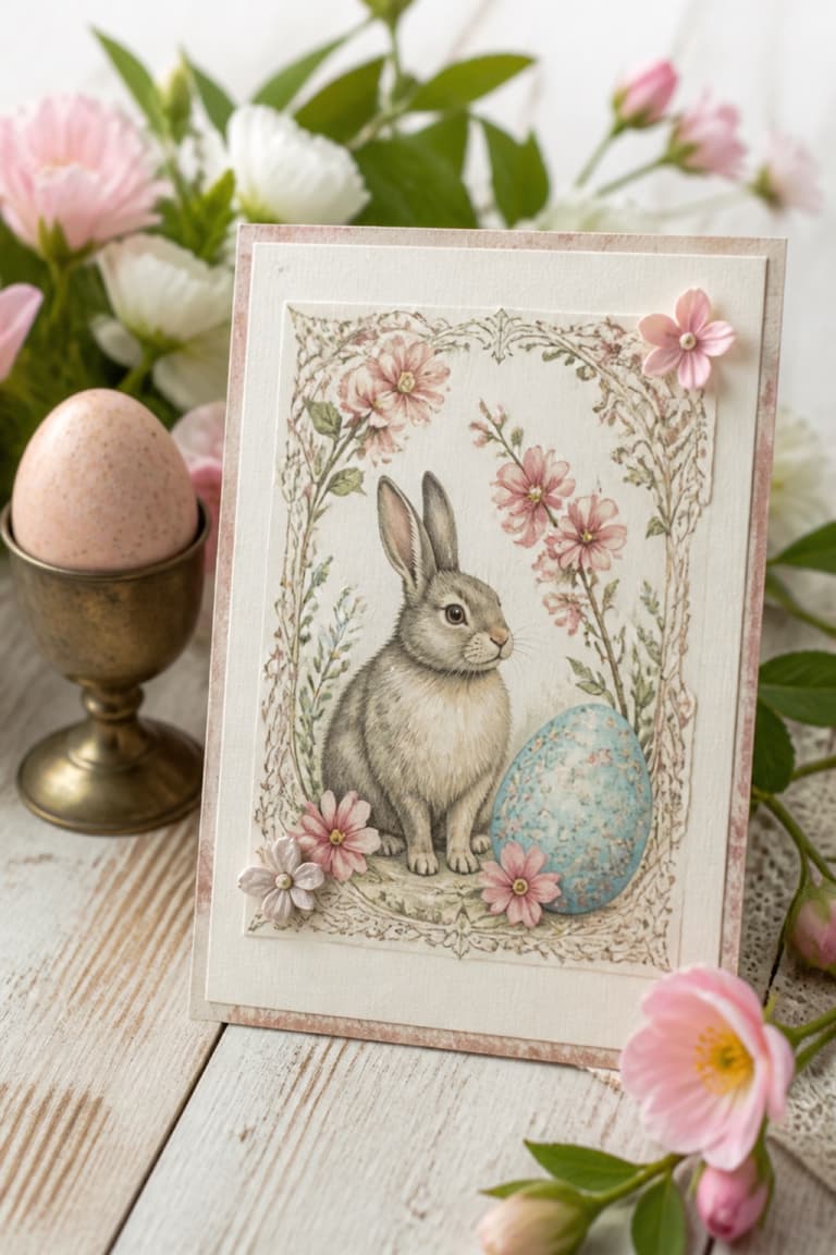 Carte de Pâques illustrée d’un lapin et de fleurs dans un esprit vintage