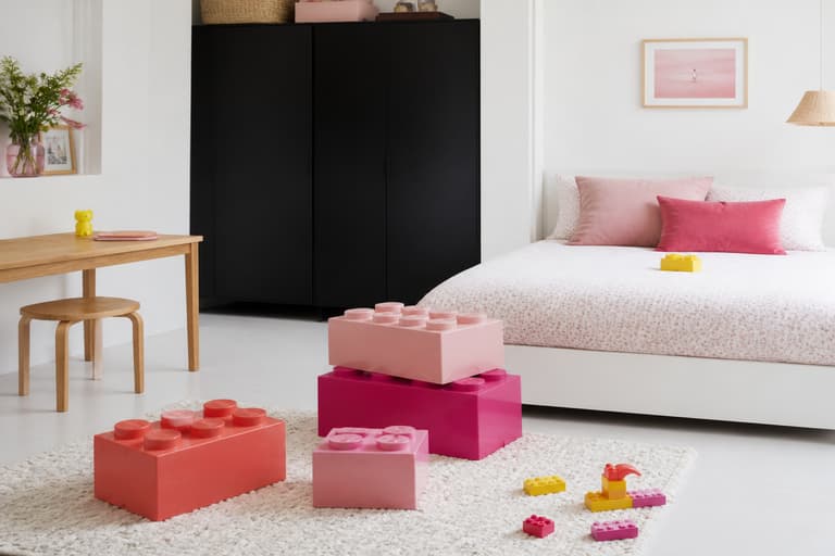 Chambre d’enfant blanche avec lit, meuble noir et boîtes de rangement roses et corail.