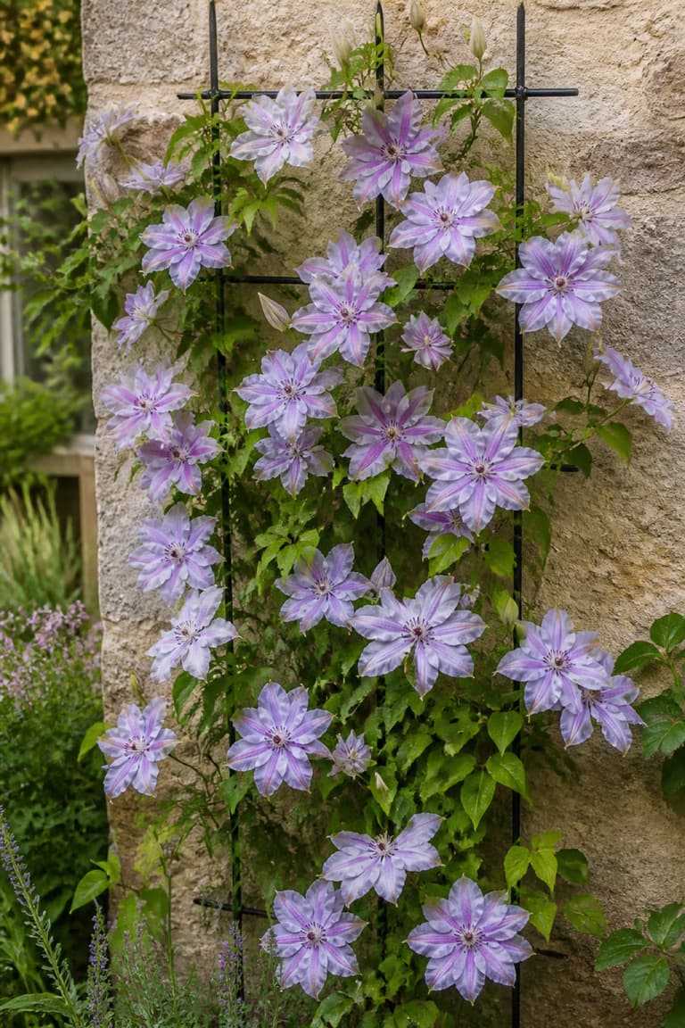 Clématite aux fleurs lavande grimpant sur un treillage contre un mur en pierre