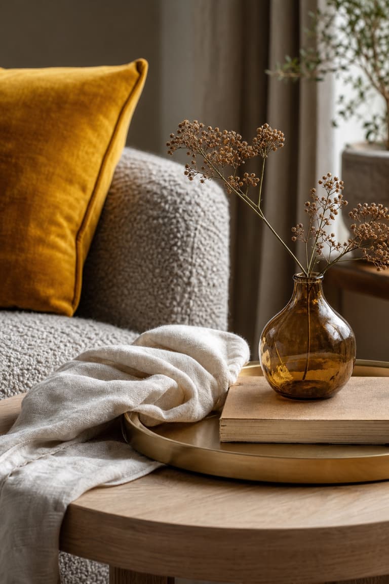 Composition déco avec coussin jaune moutarde, textile gris bouclé, lin écru, bois naturel et vase ambré.