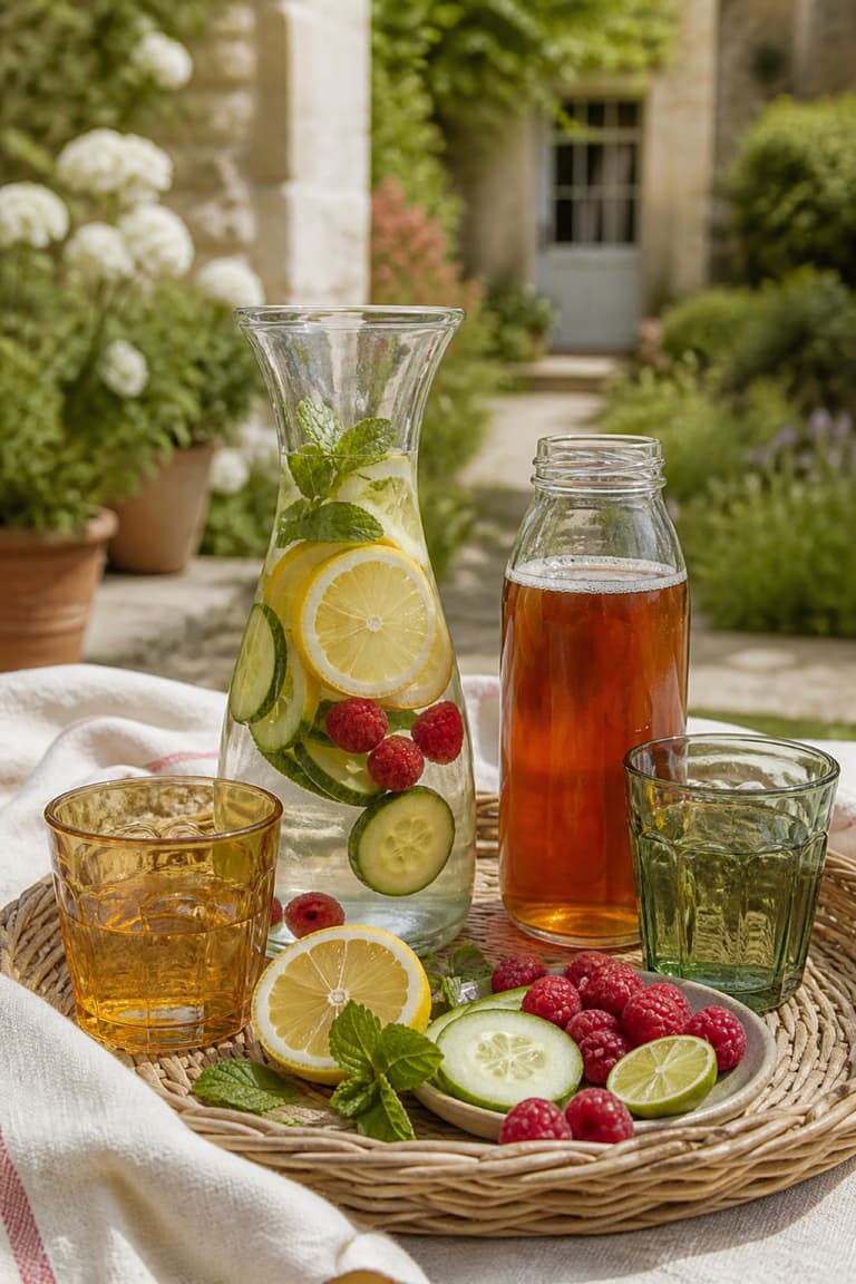 Carafe d’eau aromatisée et boissons fraîches préparées pour un pique-nique chic