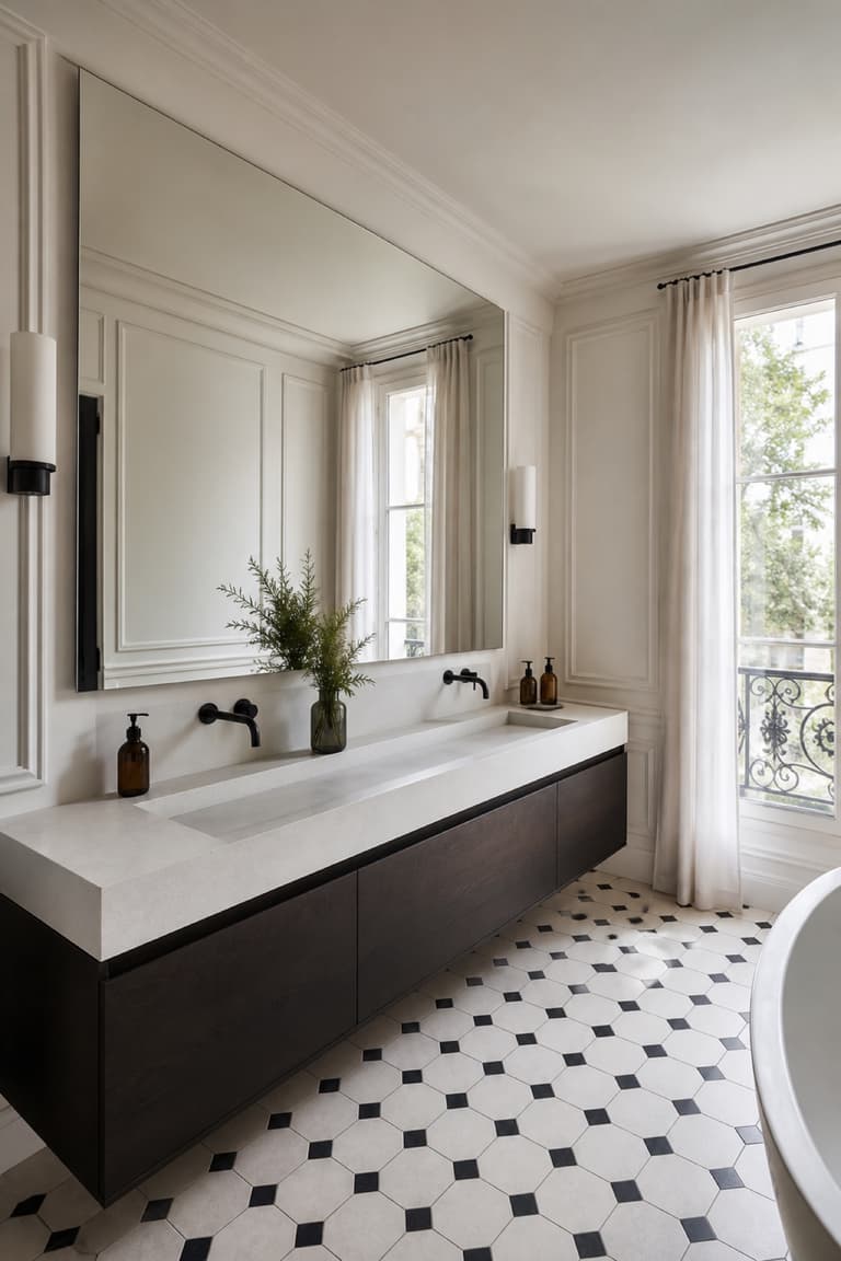 salle de bains avec longue vasque blanche, meuble en bois sombre, grand miroir et sol géométrique