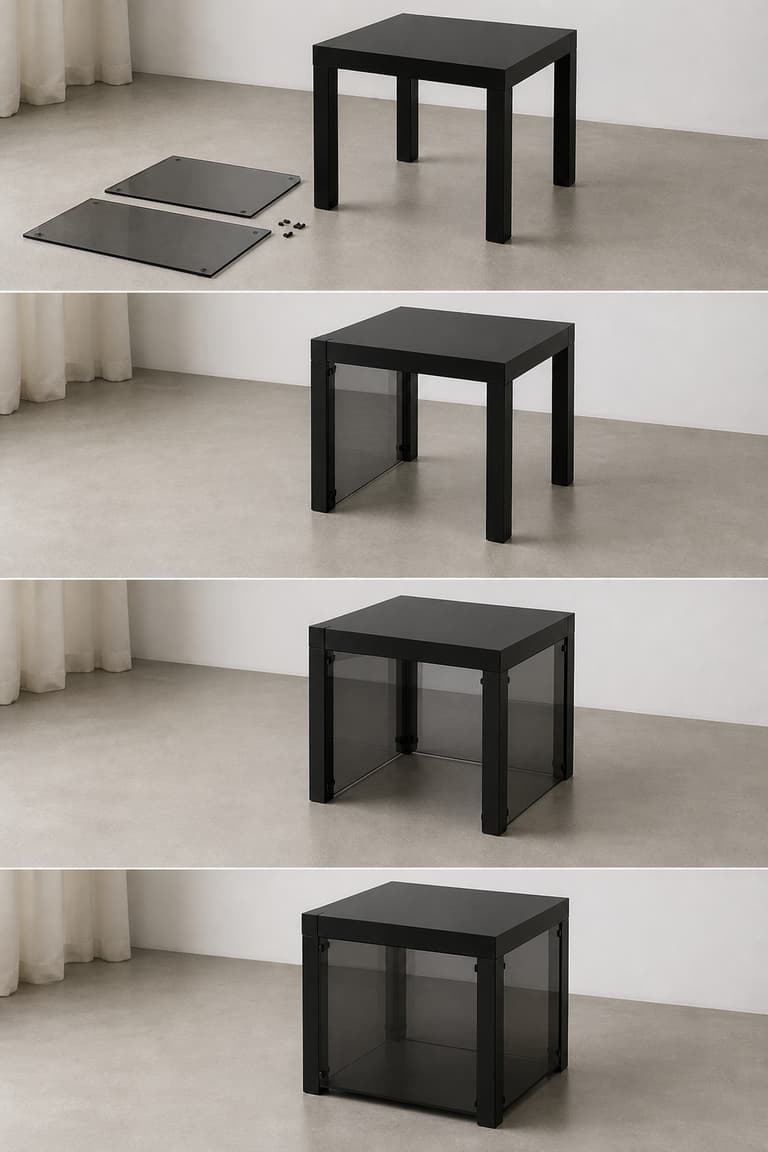 Étapes d’assemblage d’une table Lack avec panneaux de plexiglas