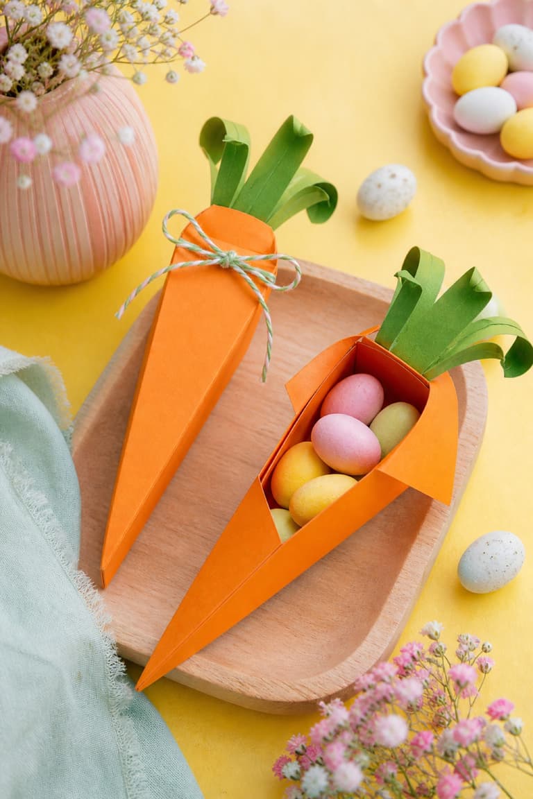 Boîtes cadeaux en carton orange en forme de carottes contenant des chocolats pastel