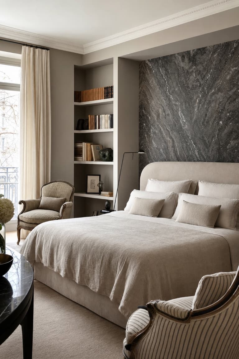 chambre avec lit habillé de lin naturel, mur minéral sombre, fauteuils rayés et bibliothèque