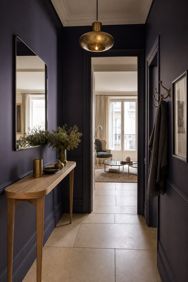 Entrée enveloppante avec murs violet profond, console en bois clair et miroir.