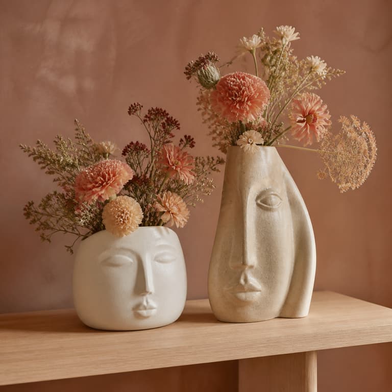 Vases sculpturaux en céramique avec fleurs colorées sur une étagère en bois