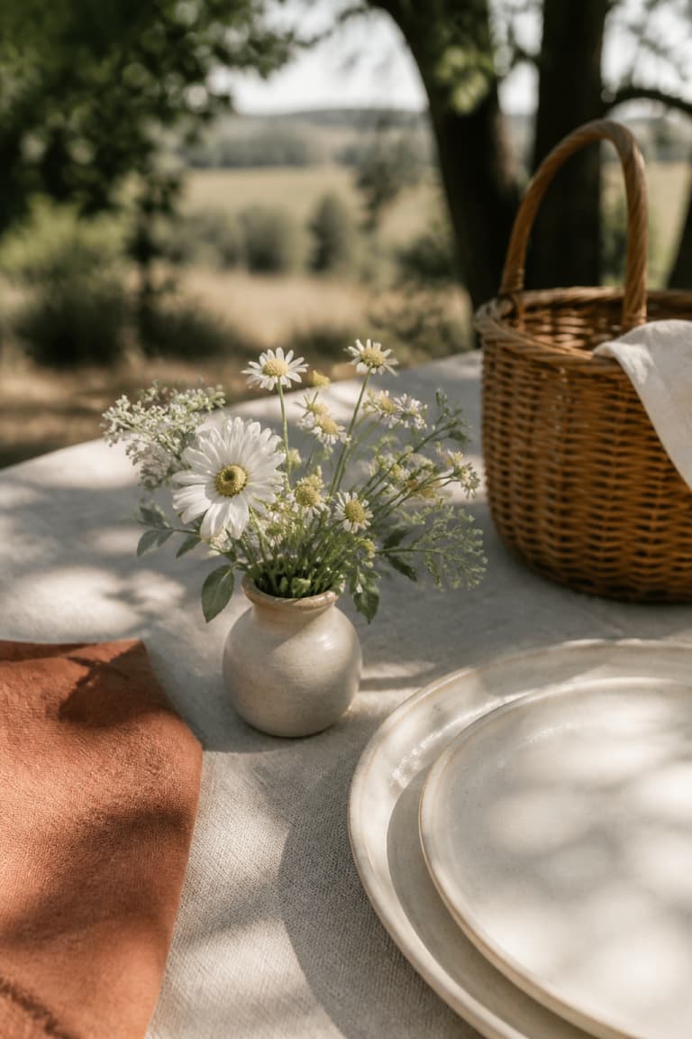 Petit bouquet de fleurs de saison dans un décor de pique-nique chic