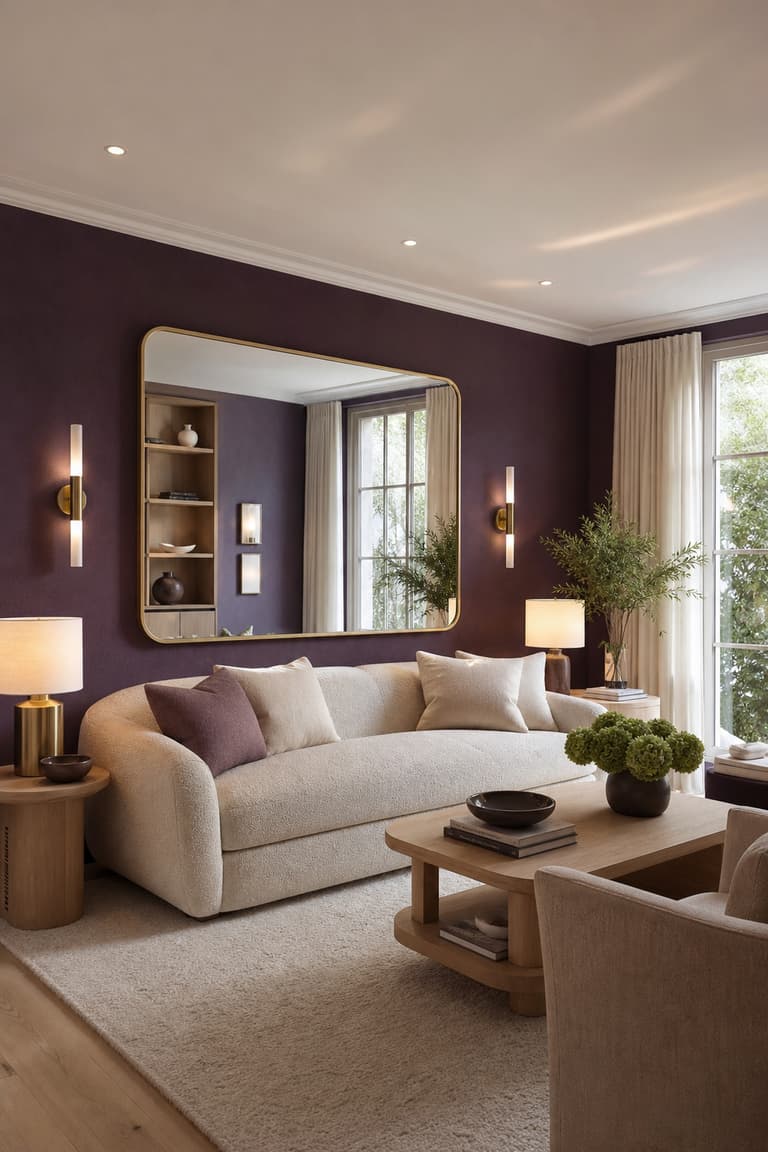Salon violet équilibré par un plafond clair, un miroir, des textiles écrus et du bois.