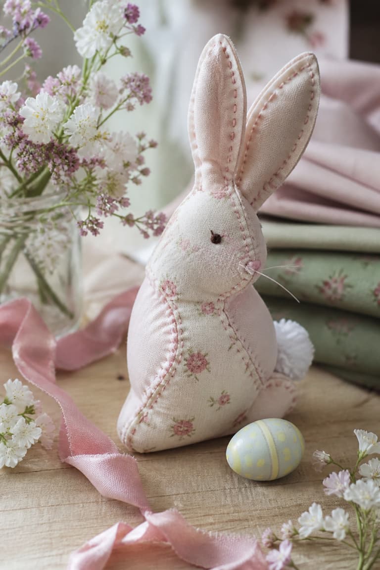 Lapin de Pâques cousu dans un tissu fleuri avec des coutures apparentes et un œuf peint