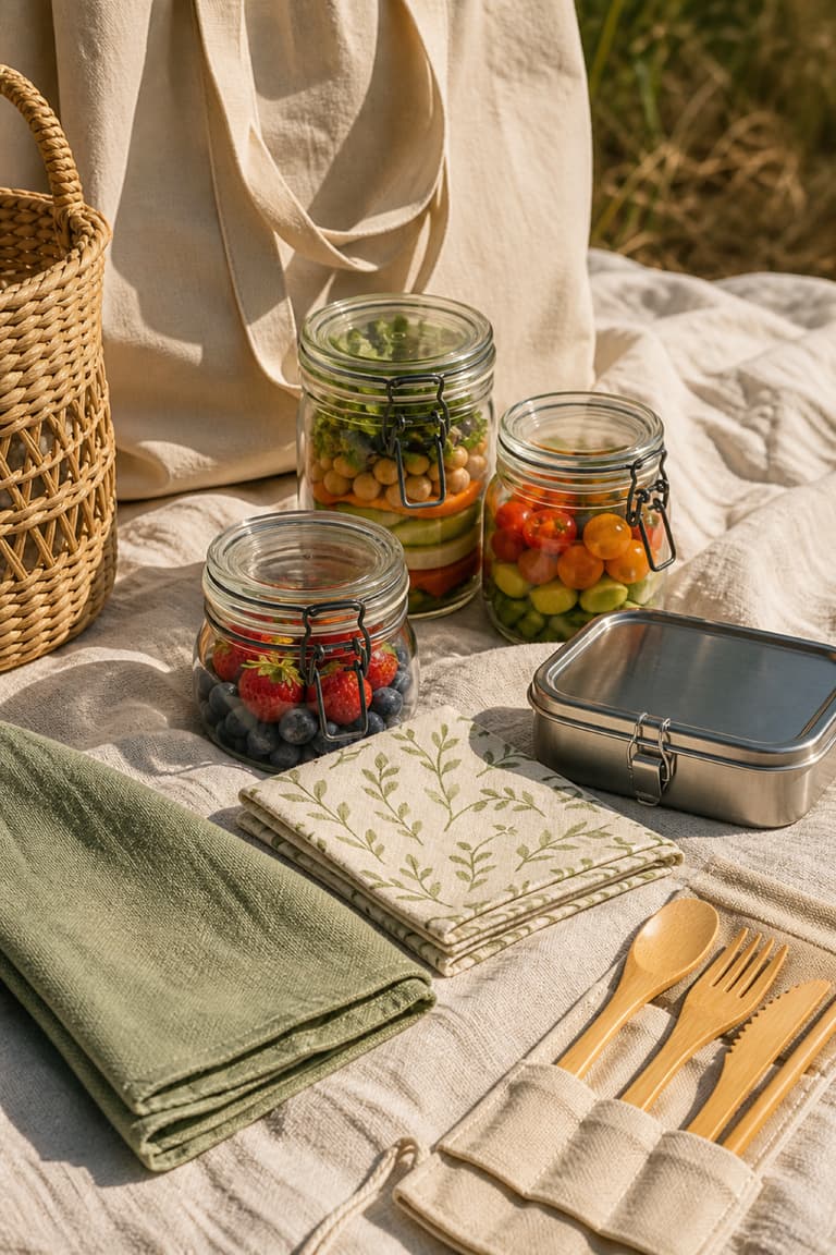 Bocaux réutilisables et accessoires zéro déchet pour un pique-nique