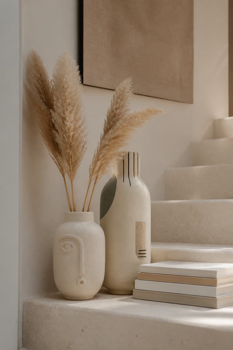 Vases en céramique et graminées séchées dans un intérieur aux tons naturels