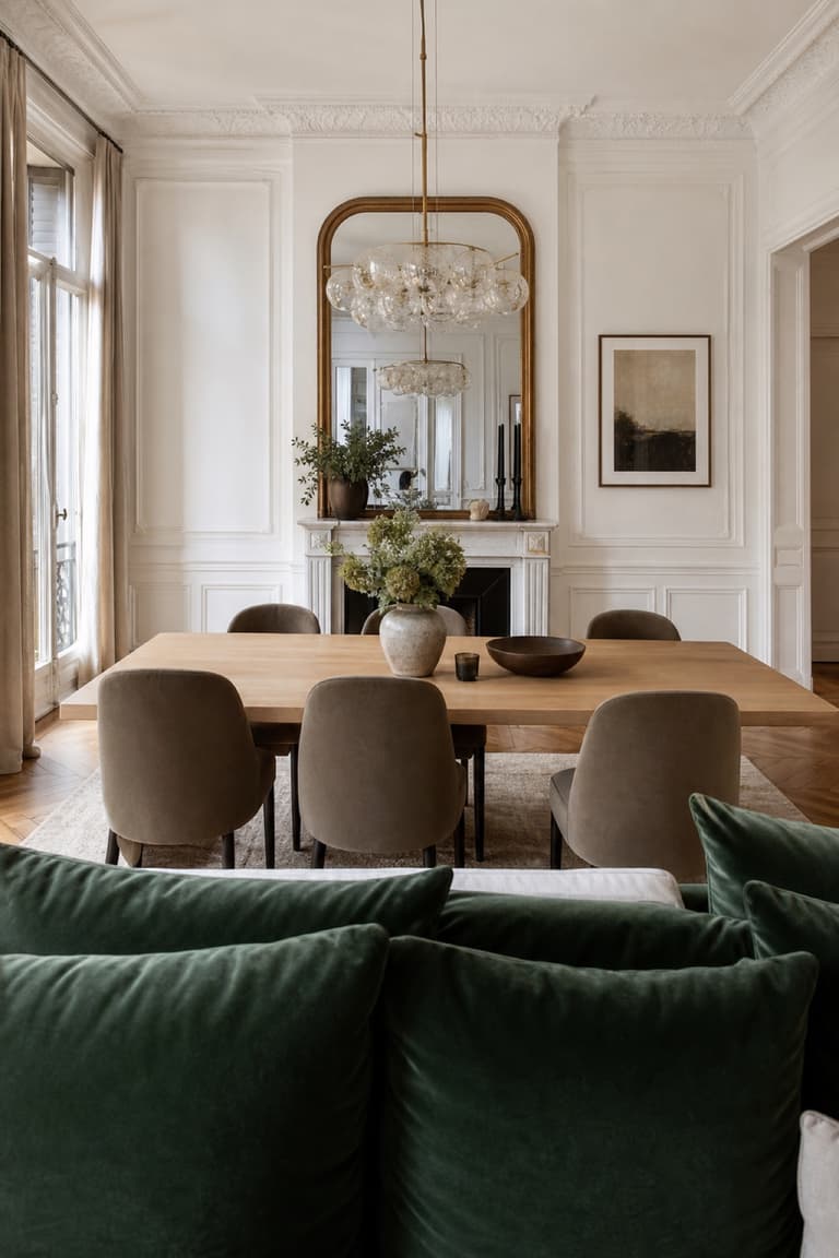 salon vert au premier plan ouvert sur une salle à manger lumineuse avec cheminée et miroir