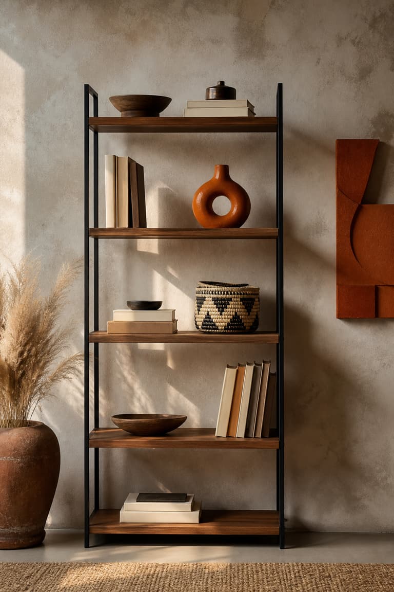Étagère noire et bois décorée de vase orange, panier et fleurs séchées