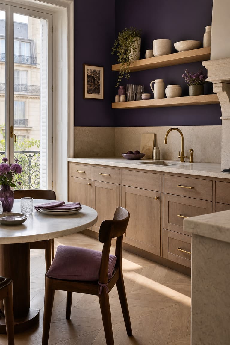 Cuisine avec mur violet profond, bois clair, pierre et détails en laiton.