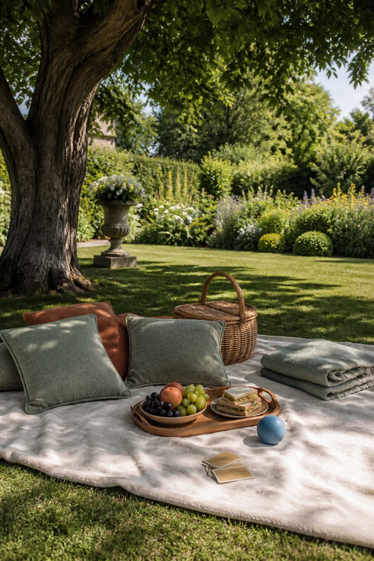 Coin confortable pour un pique-nique chic en famille dans un jardin