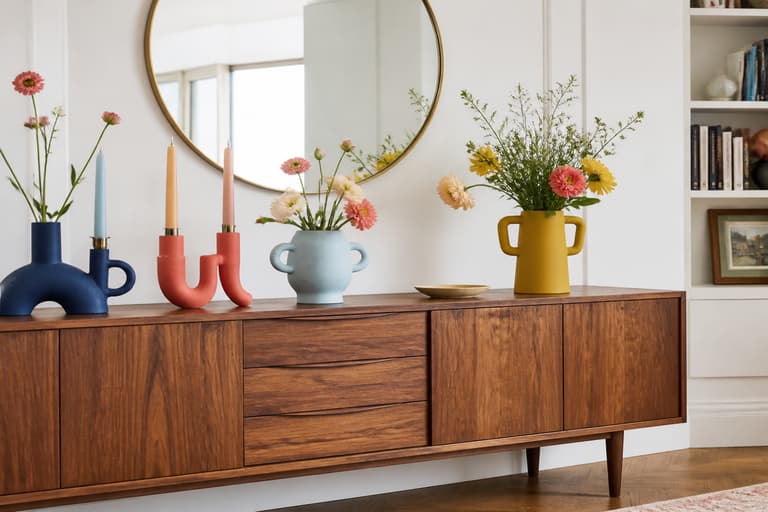 Buffet en noyer décoré de vases colorés et de fleurs devant un miroir rond
