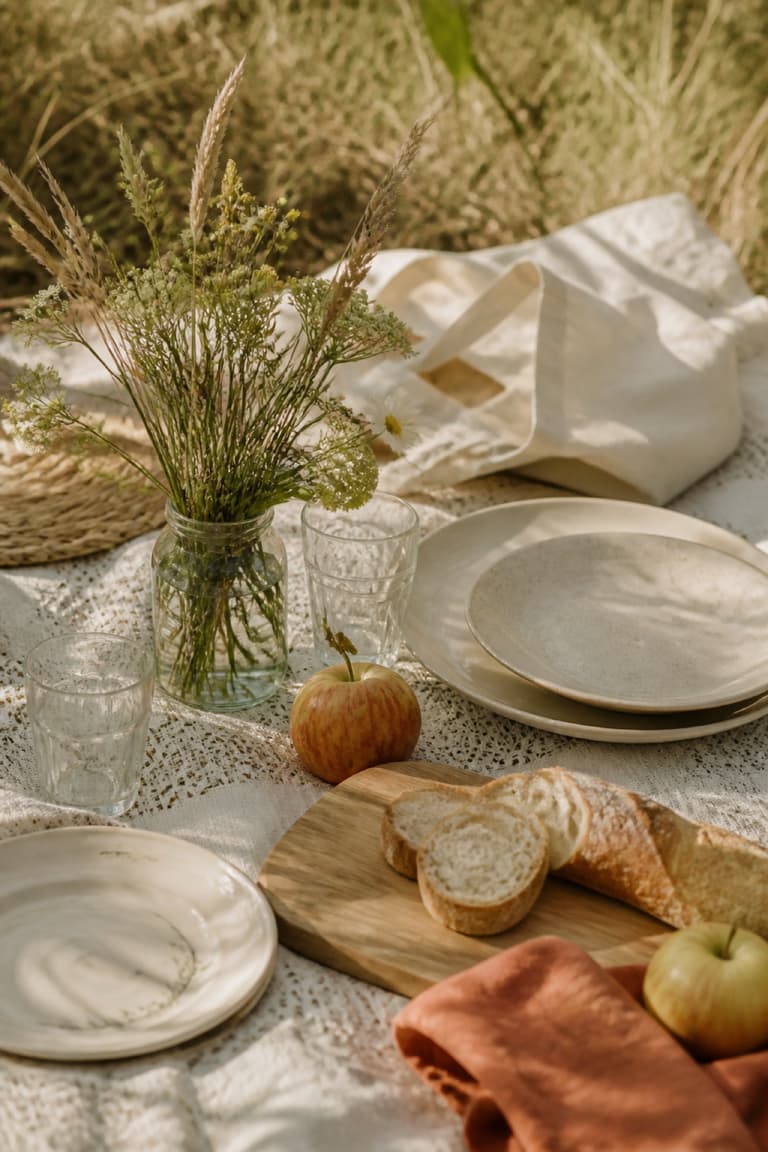 Décoration de pique-nique chic réalisée avec des accessoires simples et naturels