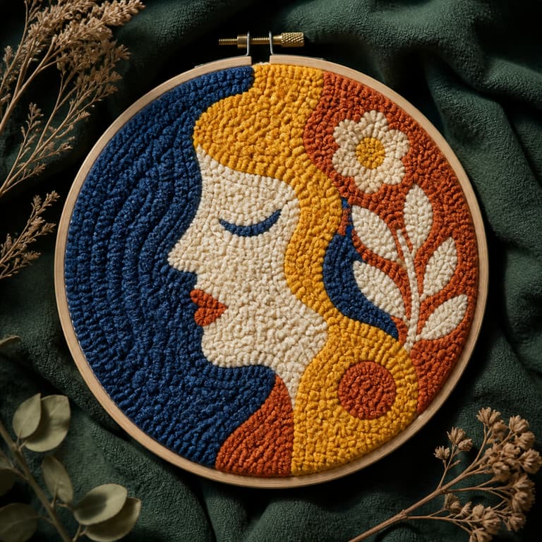 Broderie punch needle abstraite aux fils colorés dans un tambour en bois
