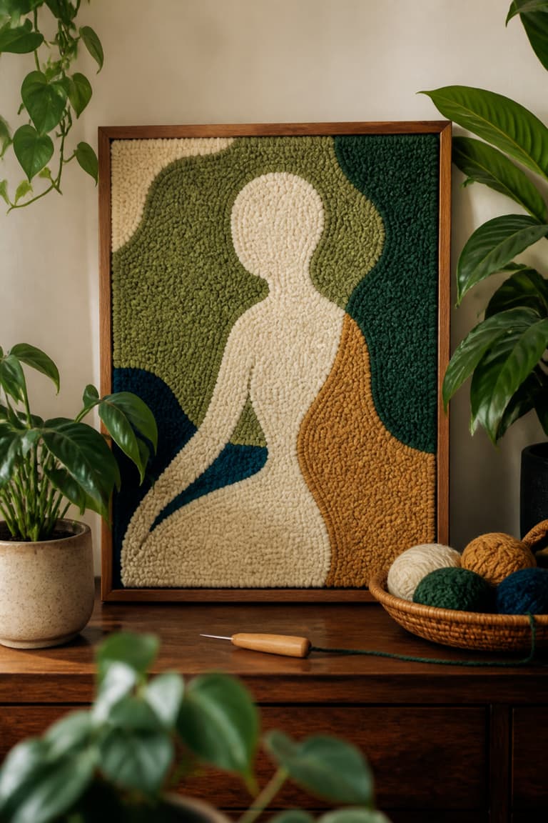 Tableau mural texturé en laine installé entre des plantes sur une console en noyer