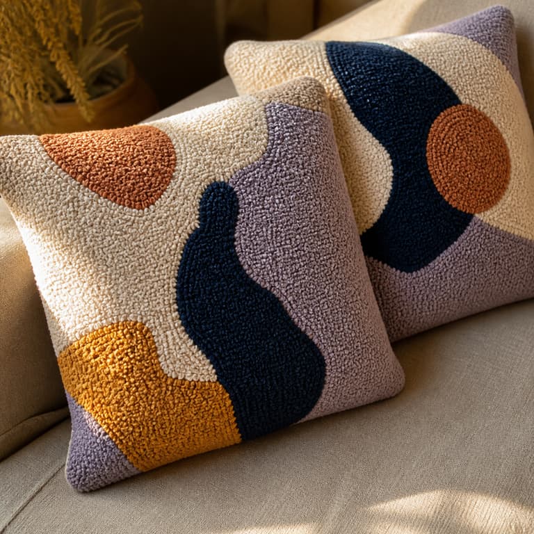 Coussins tuftés aux formes abstraites colorées sur un canapé en lin