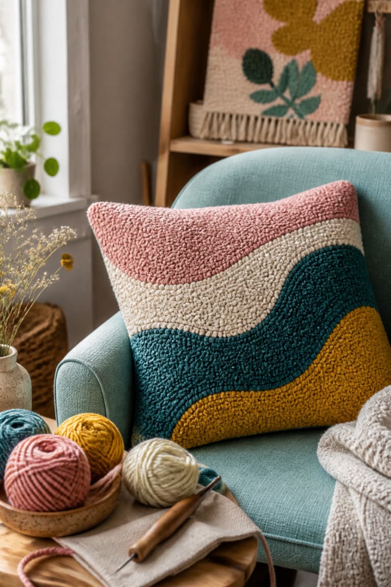 Coussin punch needle aux bandes colorées posé sur un fauteuil bleu pastel