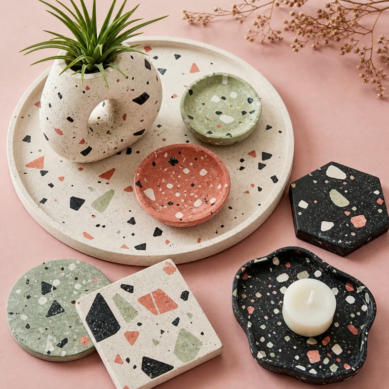 Ensemble d’objets déco artisanaux en terrazzo rose, ivoire, corail et vert sauge