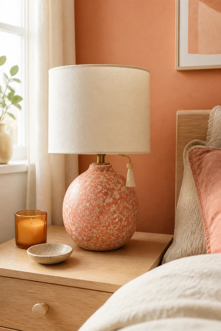 Lampe artisanale en terrazzo corail sur une table de chevet en bois clair