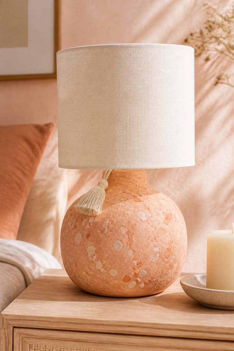 Lampe terrazzo pastel avec abat-jour ivoire et pompon sur une table de chevet