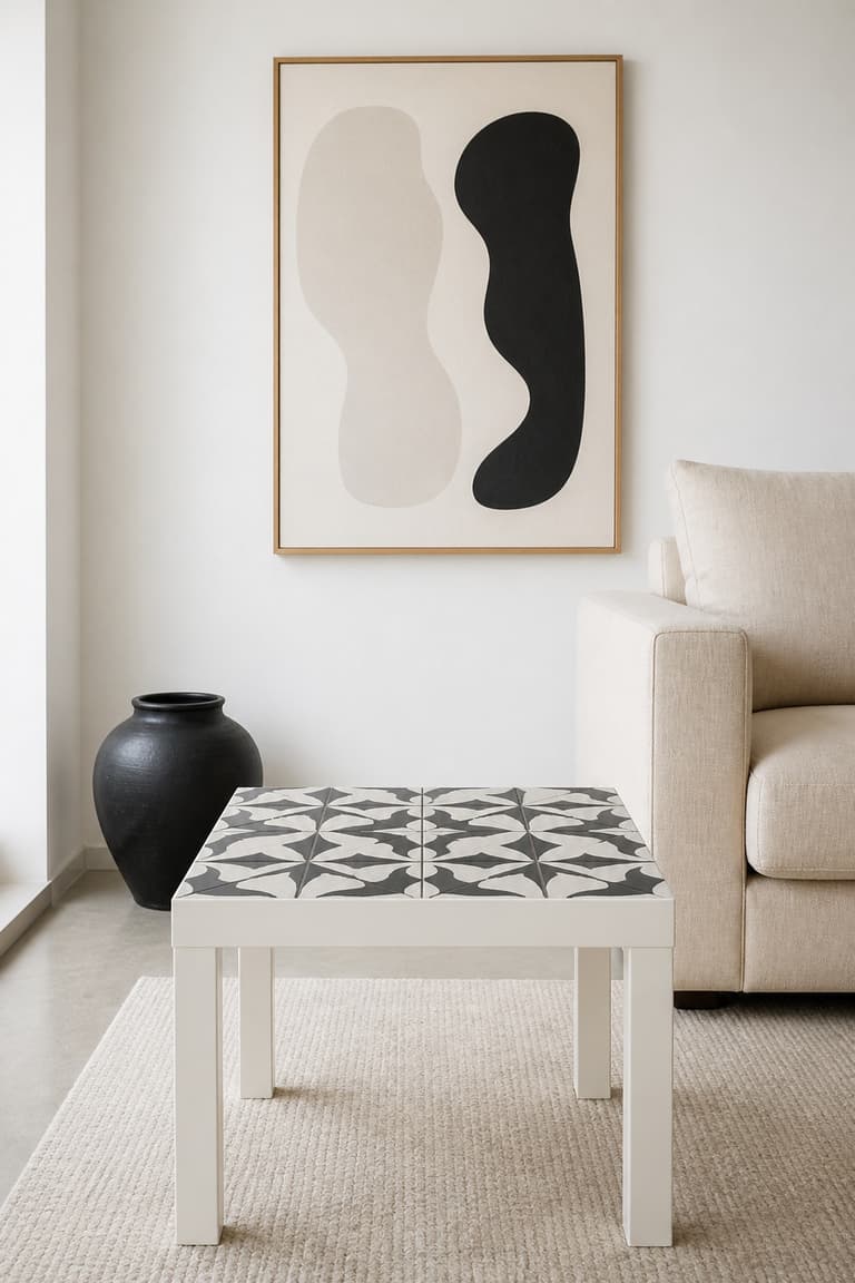 Table Lack blanche décorée d’un motif mosaïque noir et blanc