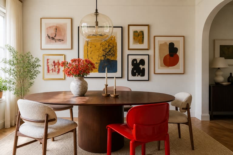 Salle à manger avec table en noyer, chaise rouge, galerie murale et suspension en verre