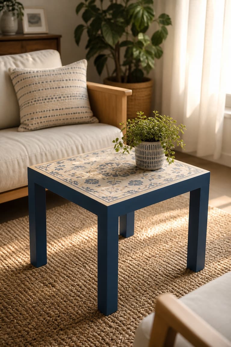 Table Lack transformée en table basse bohème avec une décoration végétale