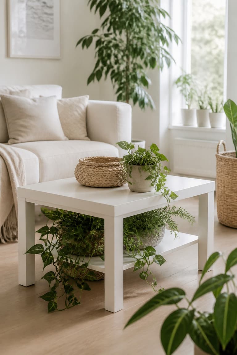 Table Lack transformée en table basse avec des plantes vertes