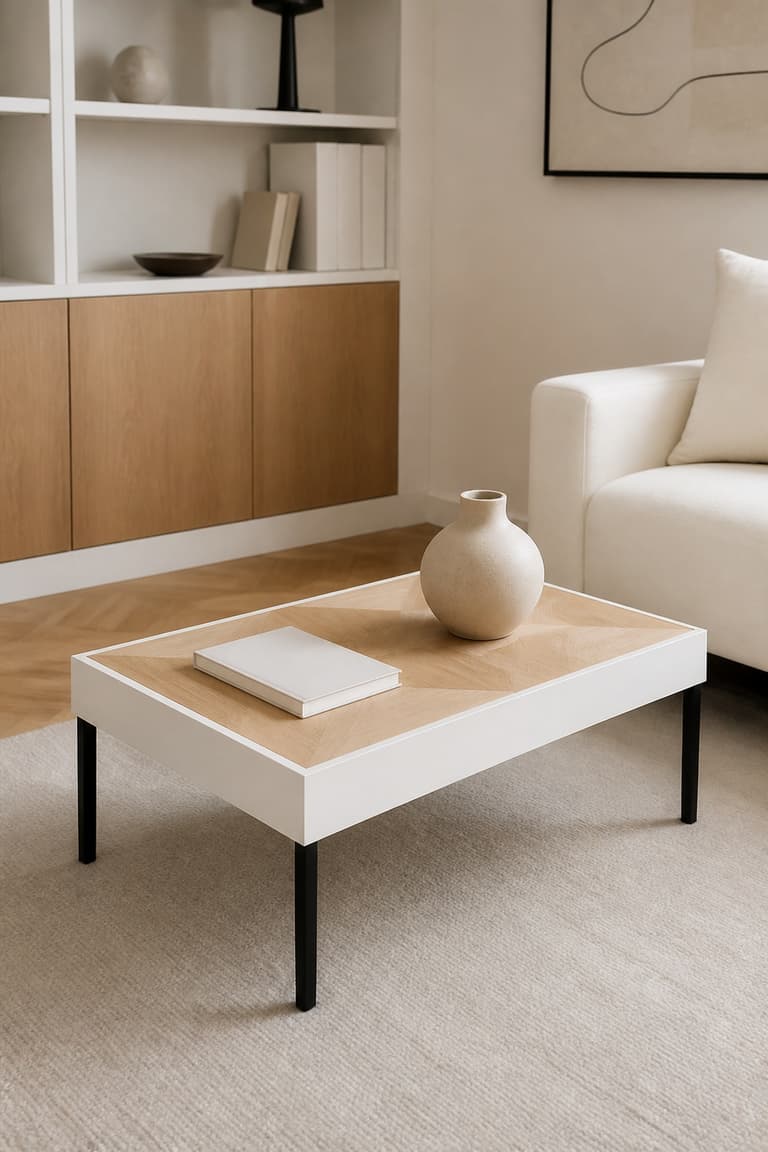 Table Lack transformée en table basse chic avec plateau en parquet