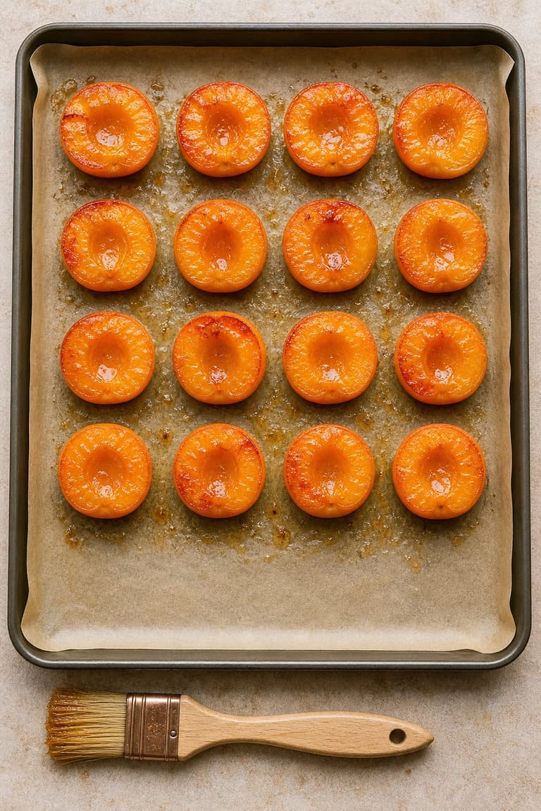 Seize demi-abricots face coupée vers le haut dans un plat avec un sirop de miel, beurre et cassonade