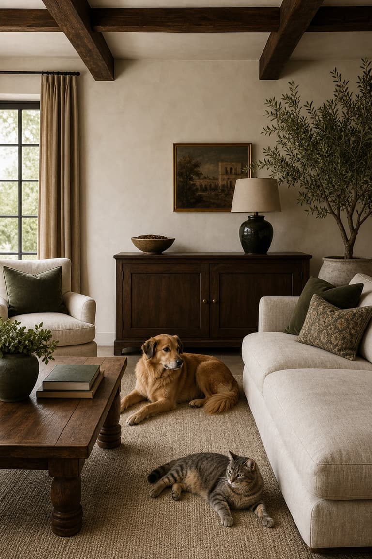 Chien et chat dans un intérieur élégant, avec une coupelle de marc de café placée hors de leur portée