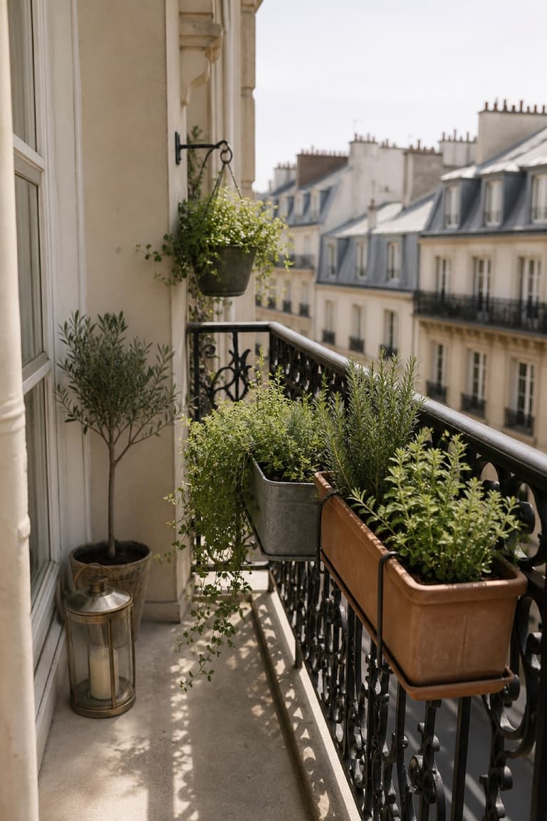 Balcon parisien étroit avec jardinières suspendues et plantes vertes