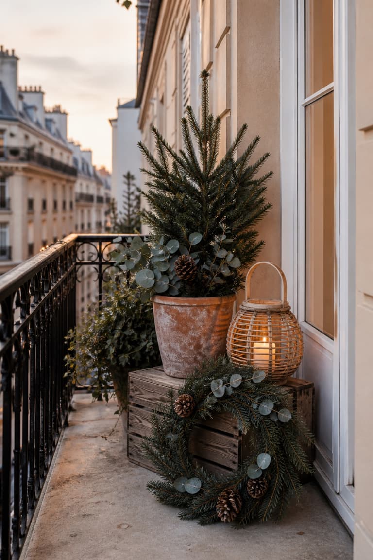 Balcon étroit décoré avec branches de sapin, pommes de pin, eucalyptus, caisse en bois et lanterne