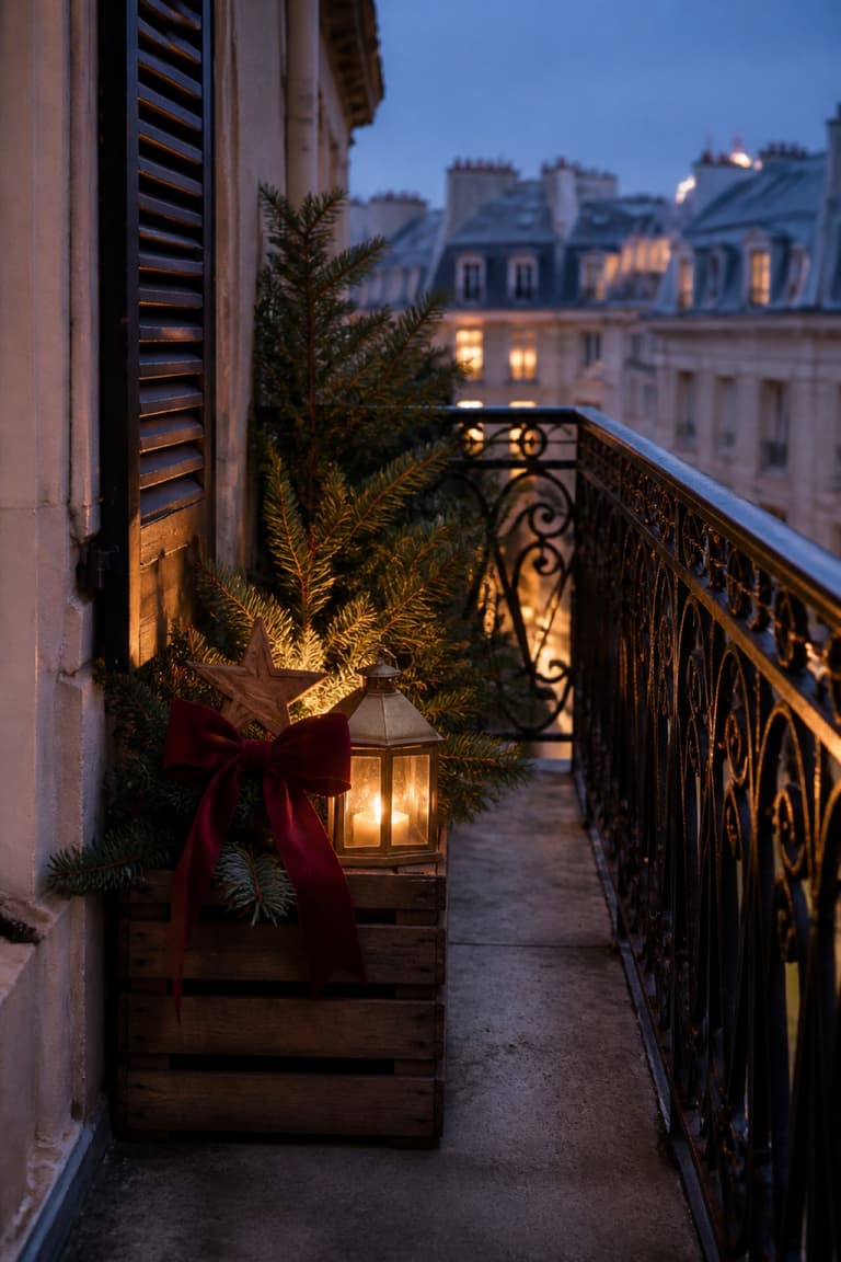 Petit balcon décoré avec branches de sapin, gros nœud rouge, étoile en bois et lanterne