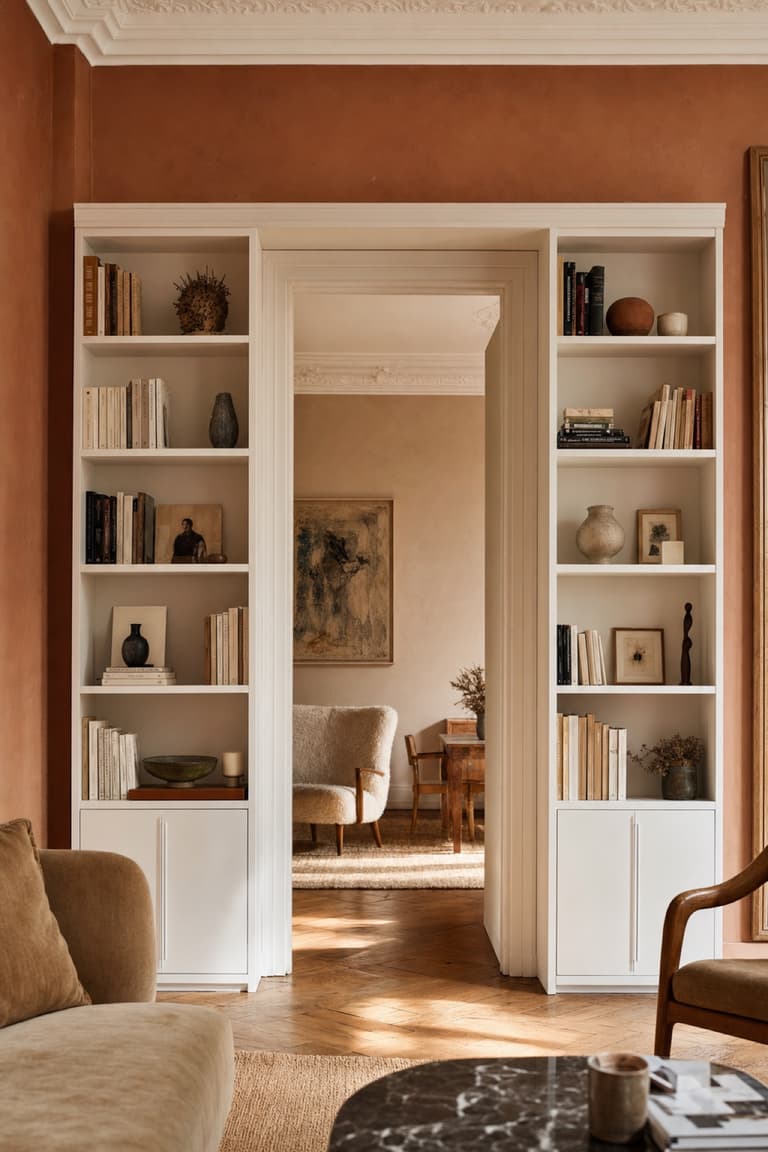 Deux bibliothèques inspirées de BILLY encadrent une porte dans un salon aux murs terracotta avec moulures blanches