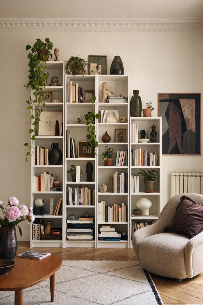 Bibliothèques inspirées de BILLY disposées en composition irrégulière dans un salon parisien, avec livres, vases, plantes et objets décoratifs