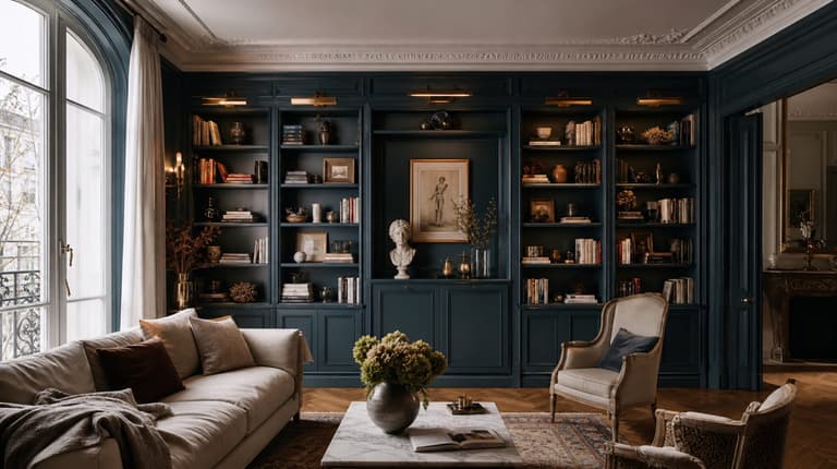 Bibliothèque murale inspirée de BILLY transformée en meuble intégré bleu-vert dans un salon parisien