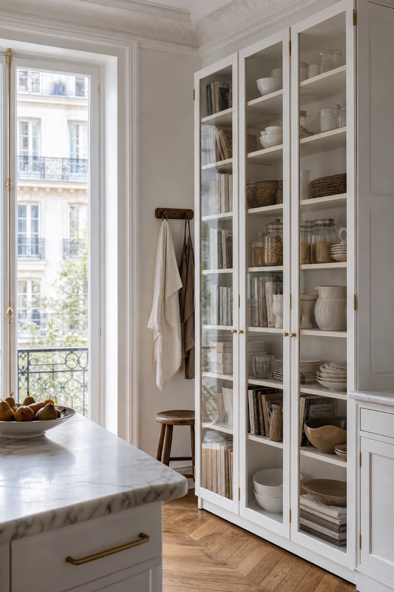 Bibliothèques inspirées de BILLY avec portes vitrées dans une cuisine parisienne, garnies de vaisselle, bocaux et livres de cuisine