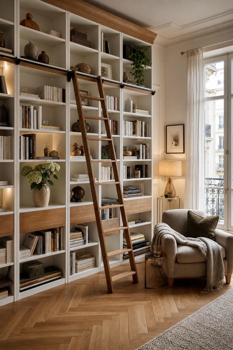 Grande bibliothèque inspirée de BILLY avec échelle en bois et rail métallique dans un salon parisien