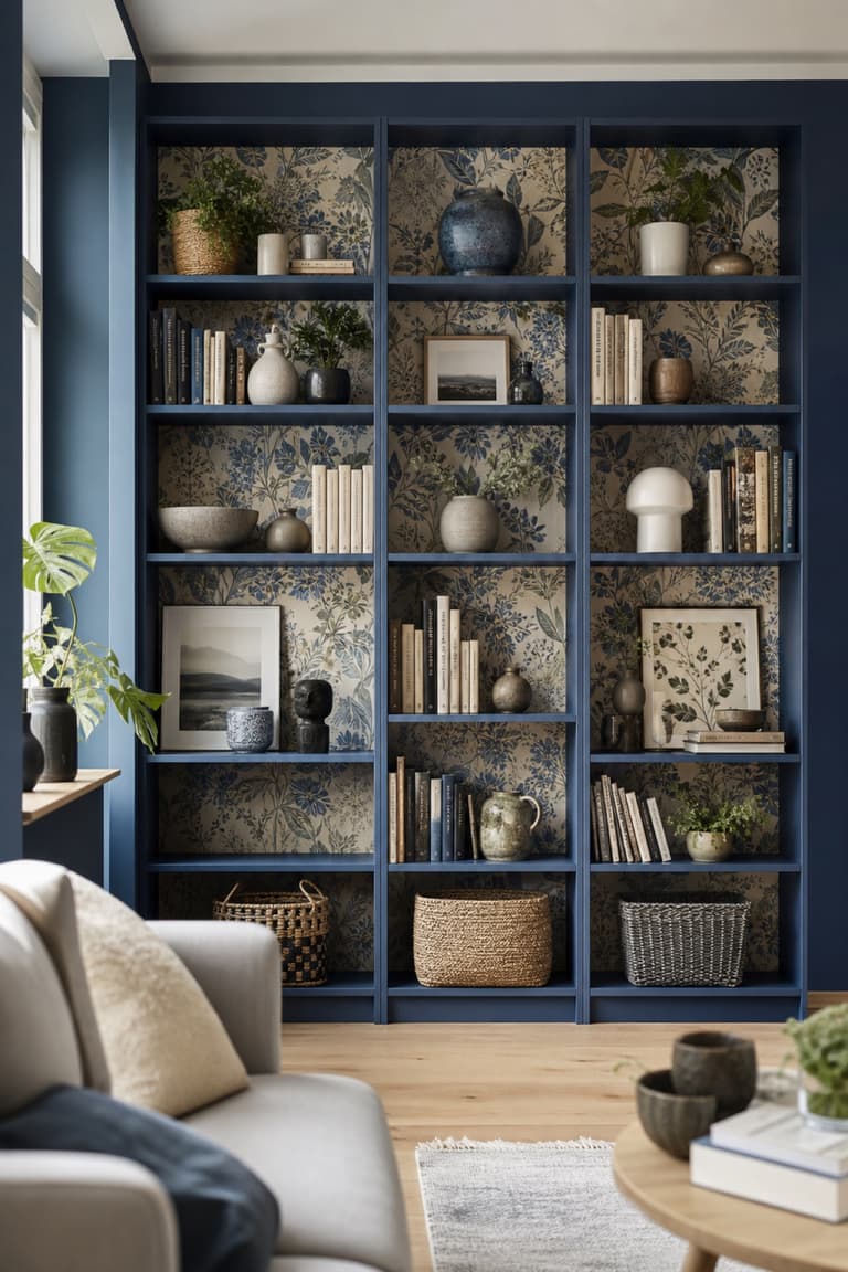 Composition de bibliothèques inspirées de BILLY peintes en bleu profond avec un papier peint botanique au fond des niches