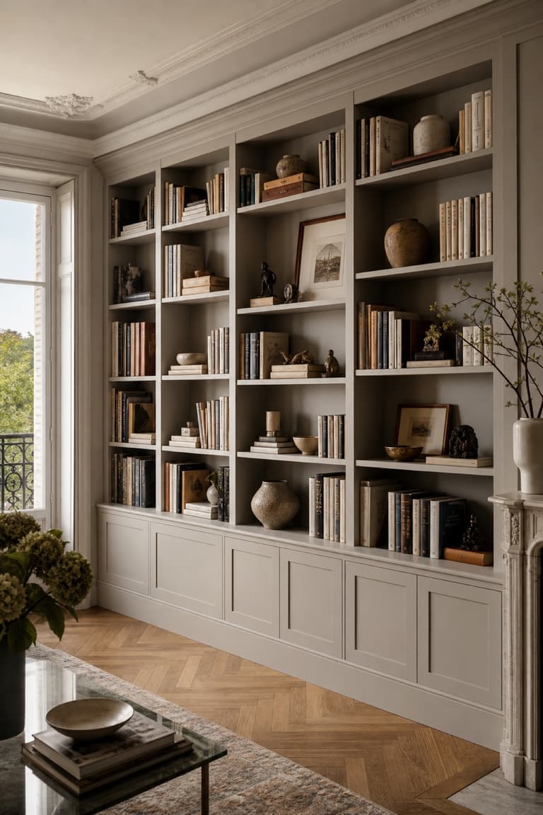 Bibliothèque inspirée de BILLY intégrée dans un mur avec encadrement, moulures et rangements bas fermés