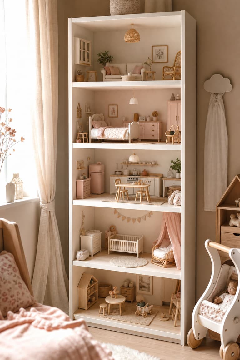 Bibliothèque inspirée de BILLY transformée en maison de poupées à plusieurs pièces dans une chambre d’enfant